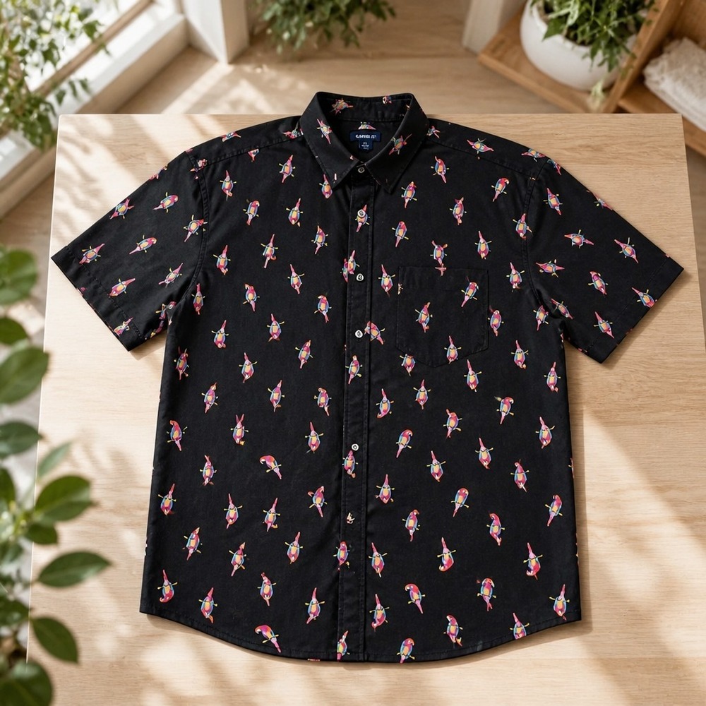 George Mens Parrot Print Short Sleeve Button Down Shirt Black Tropical Size XL